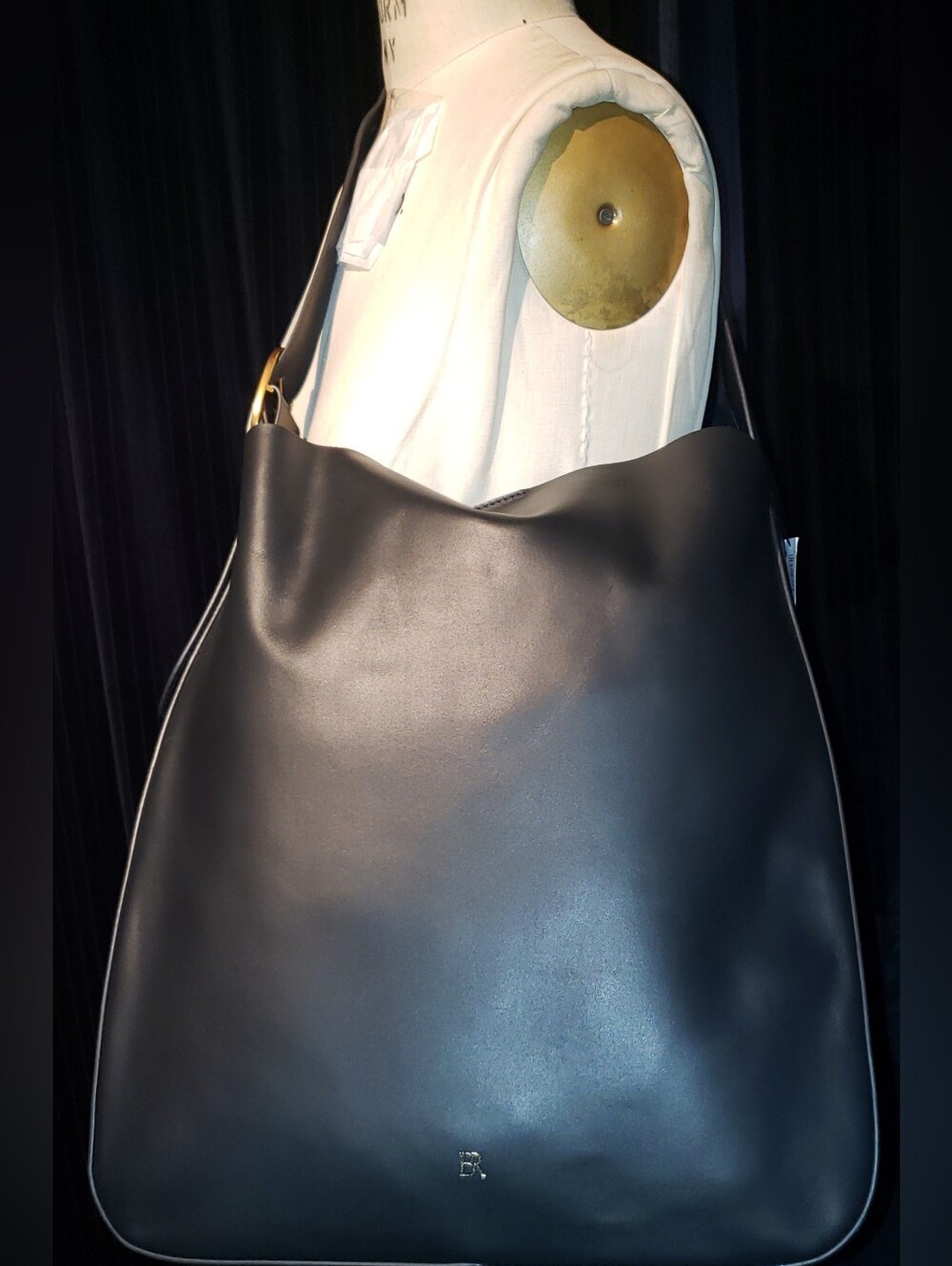 NWT BR Black Glove Leather Soft Large Hobo Brass Hardware Strap Adjust Handbag L
